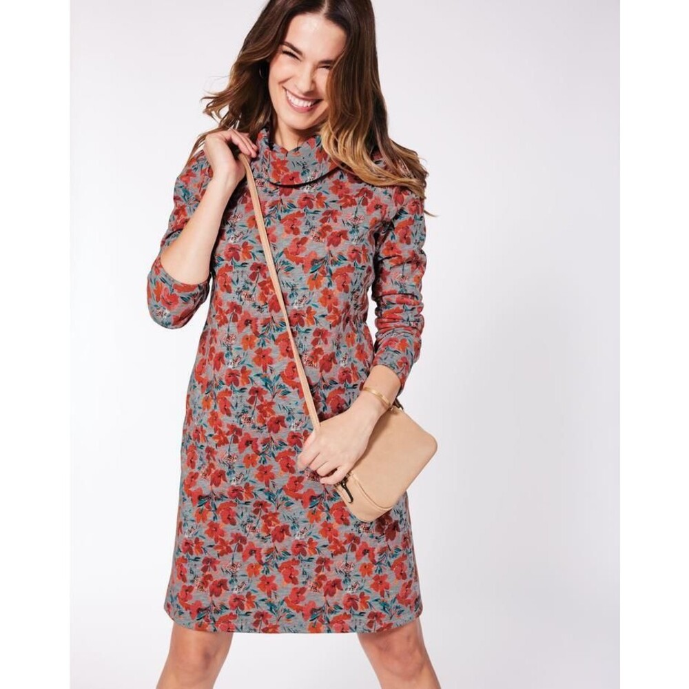 NEW Gray Floral Sz XL Cowl Neck Knee Length Fleece Lined Cozy A-Line Dress BLAIR
